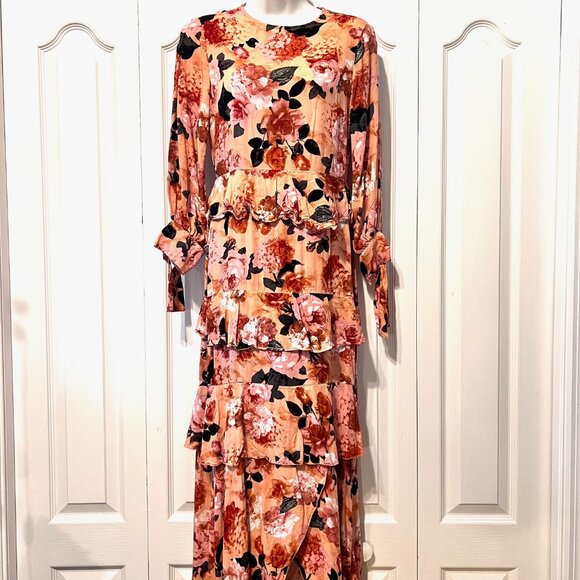 Jaase Dresses & Skirts - Anthropologies JAASE-Maxi Peach/Floral Long Tiered Ruffle X Small Dress-Boho